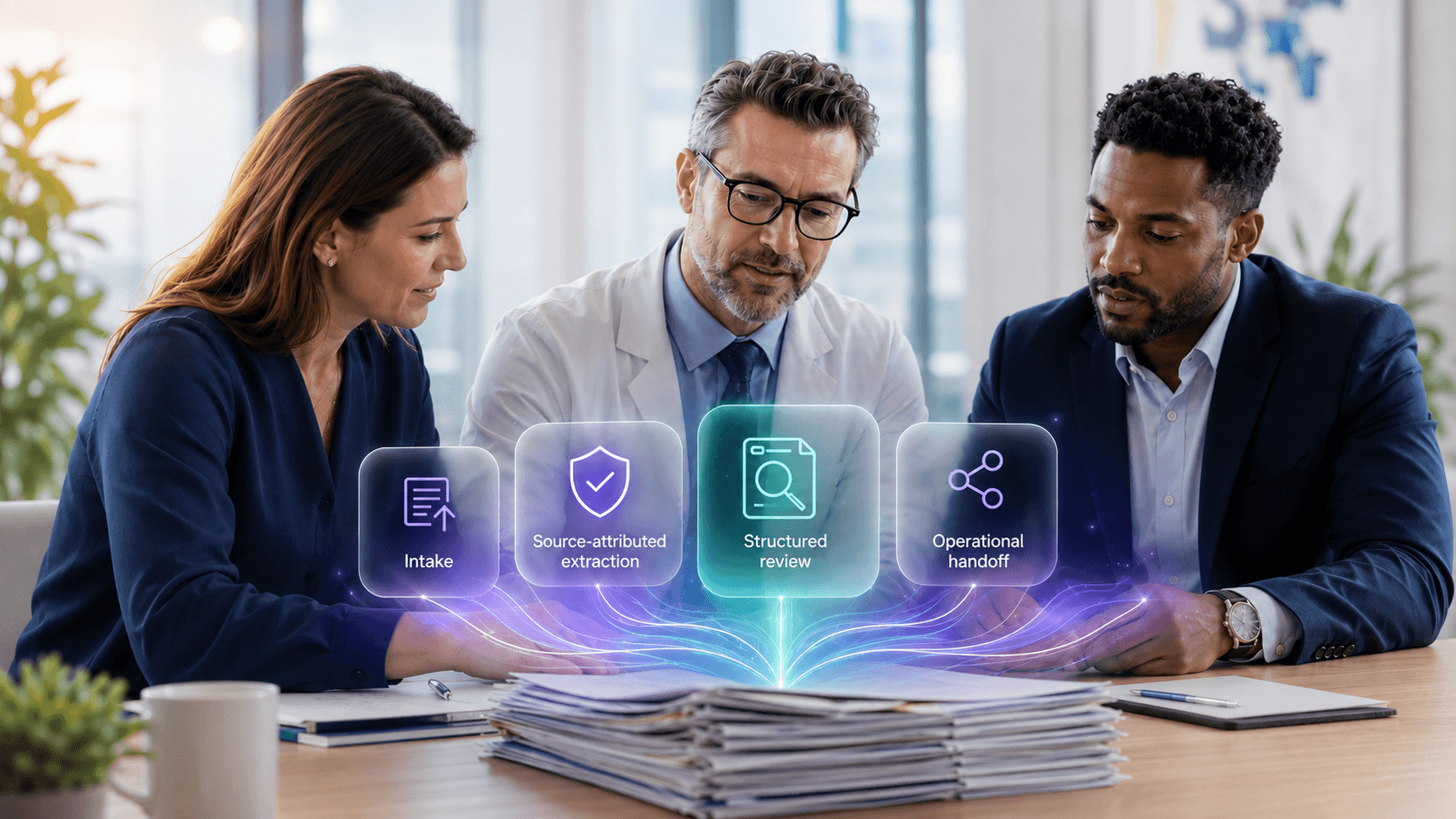 Medical record-review workflow visualization across intake, extraction, structured review, and operational handoff