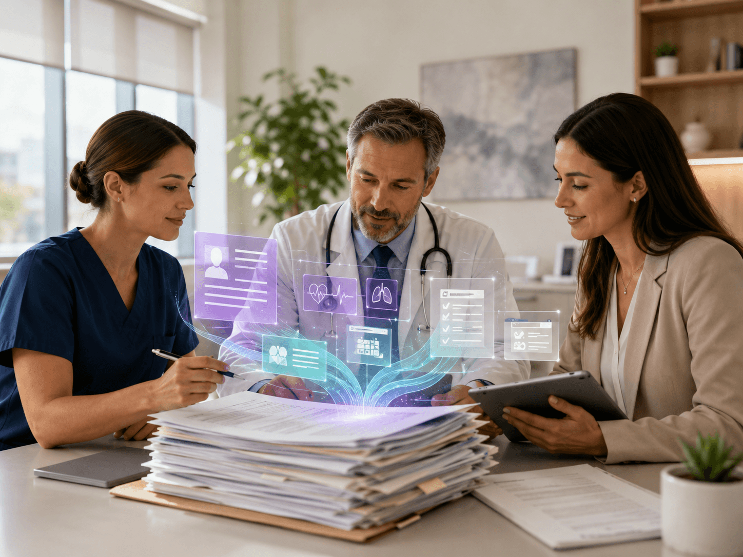Clinicians reviewing de-identified chart context inside a physician office