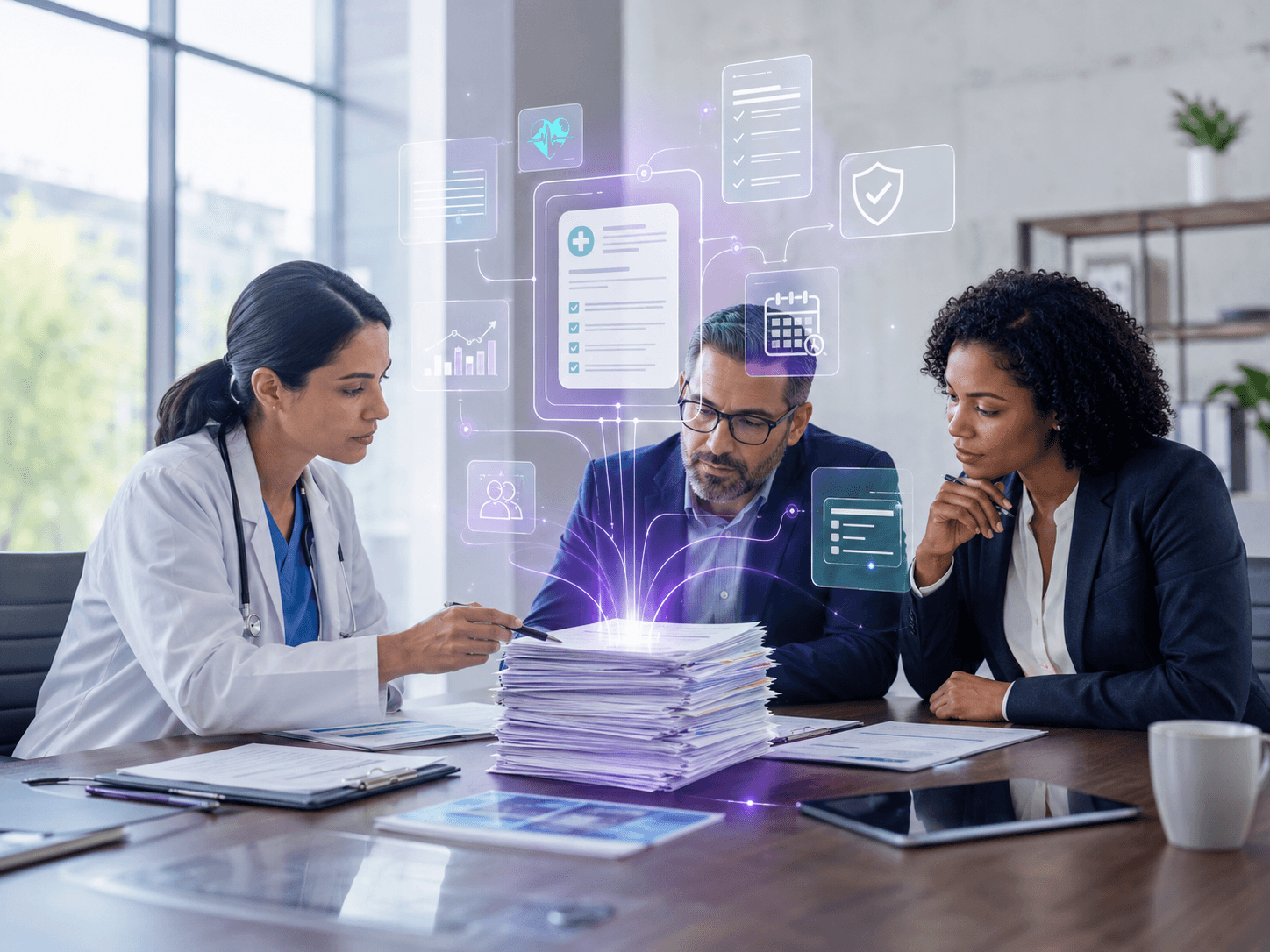Claims operations team coordinating medical review priorities in a payer operations setting