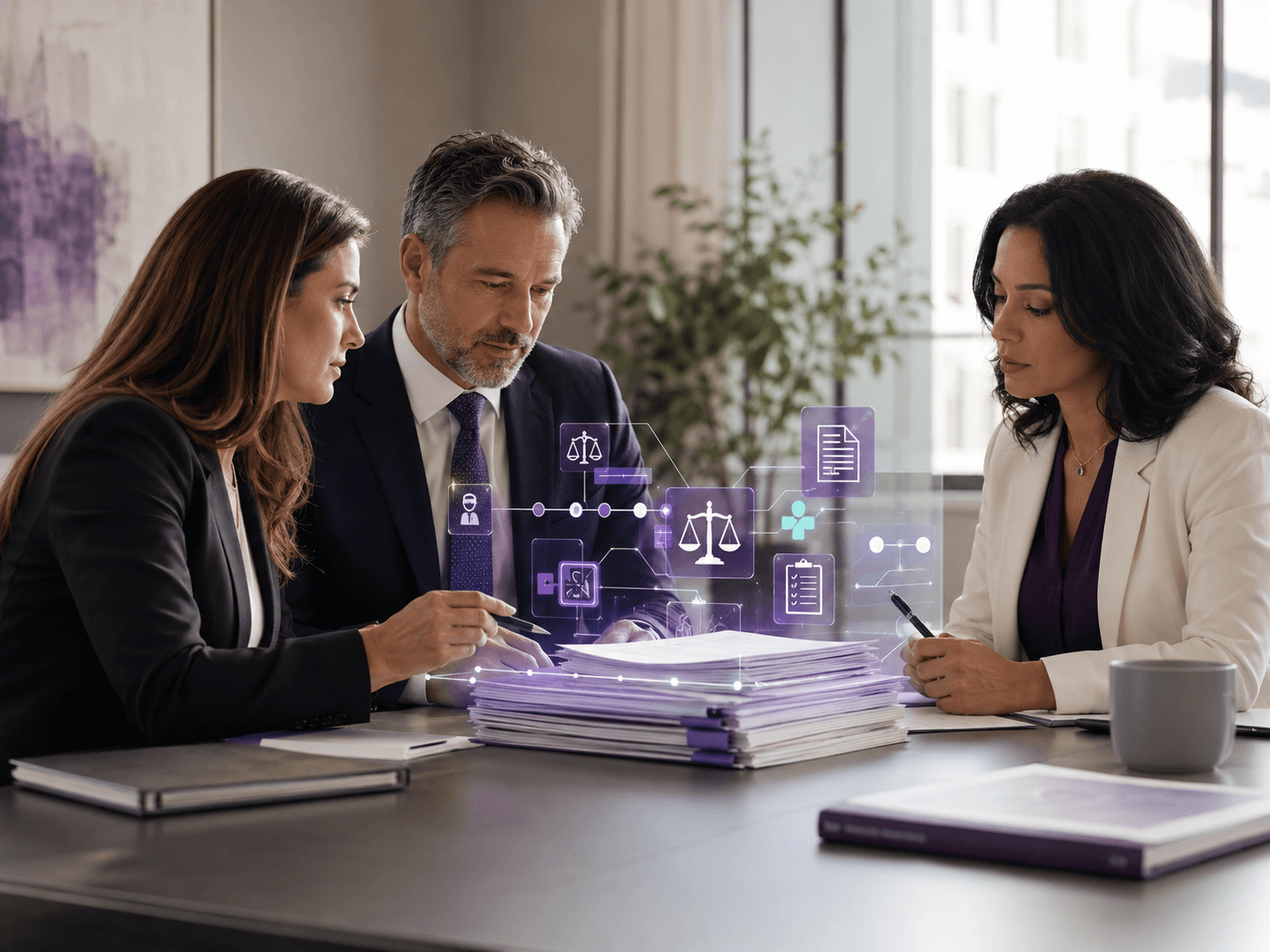 Legal team reviewing medical records with abstract case chronology indicators